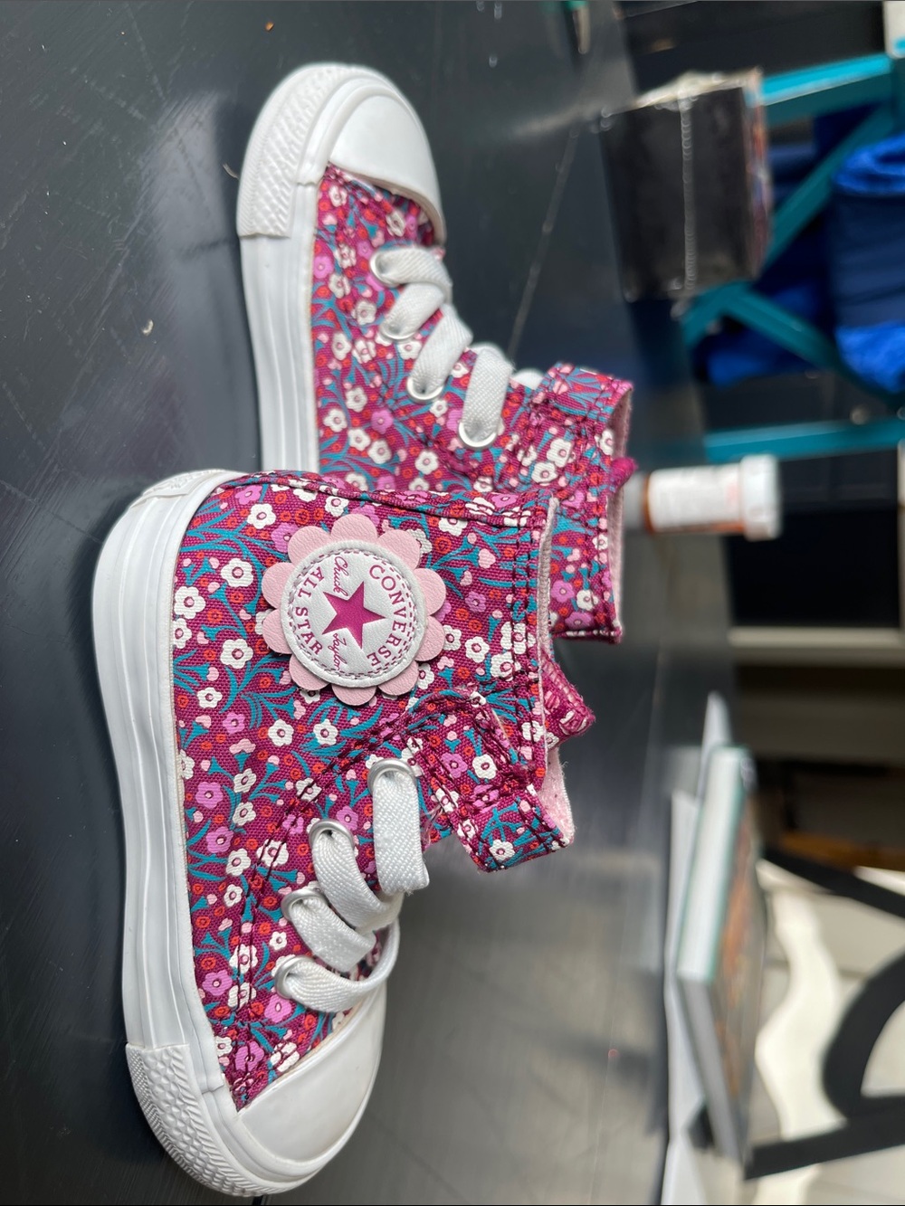 Like New Converse Kids Floral High-Top Sneakers — Pink & Teal size 5